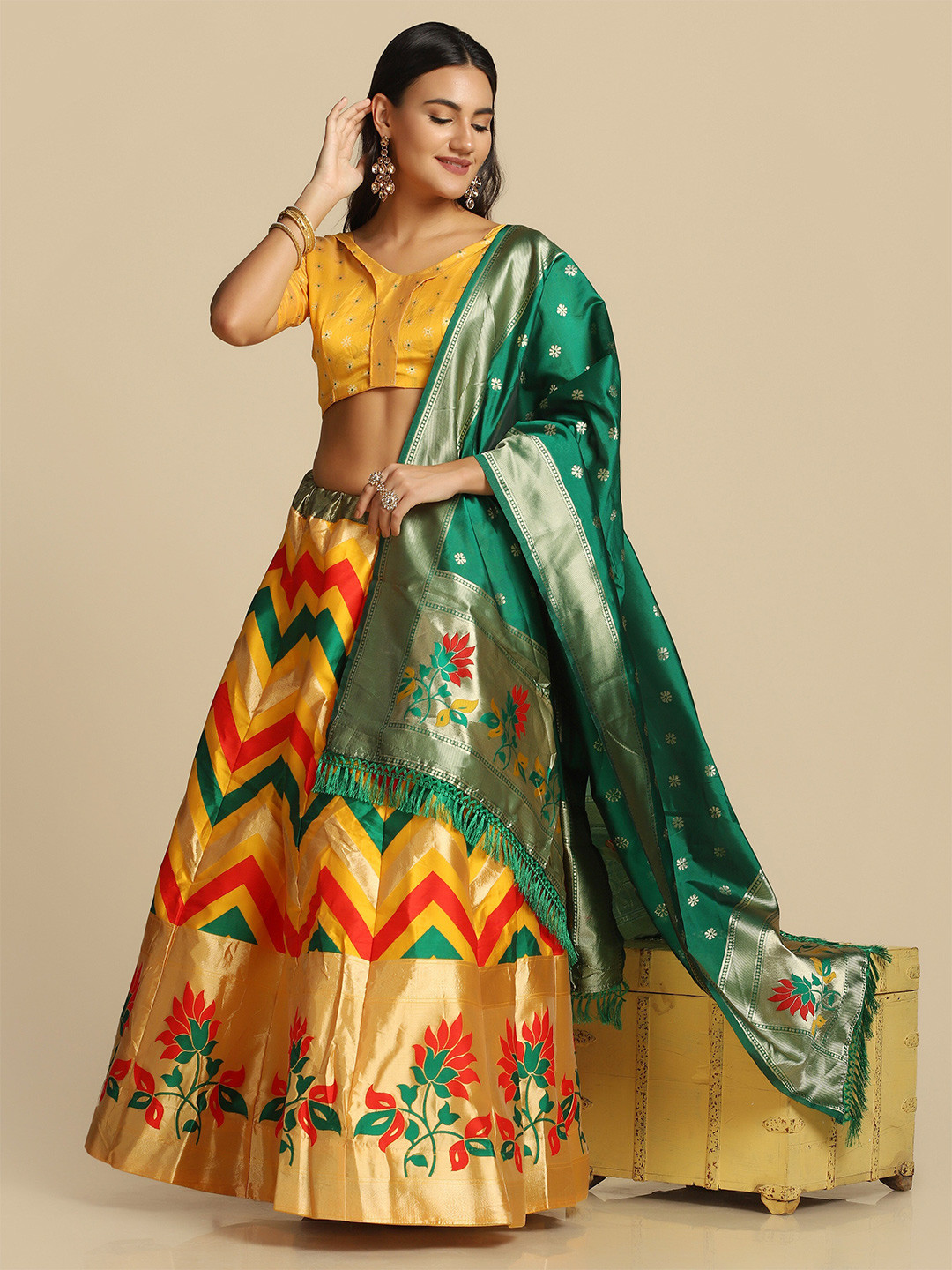 

Warthy Ent Women Yellow & Green Semi-Stitched Lehenga & Unstitched Blouse With Dupatta