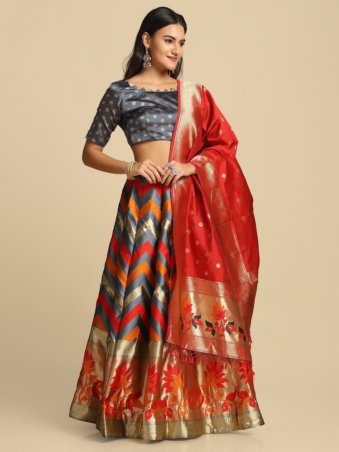 

Warthy Ent Grey & Red Semi-Stitched Lehenga & Unstitched Blouse With Dupatta