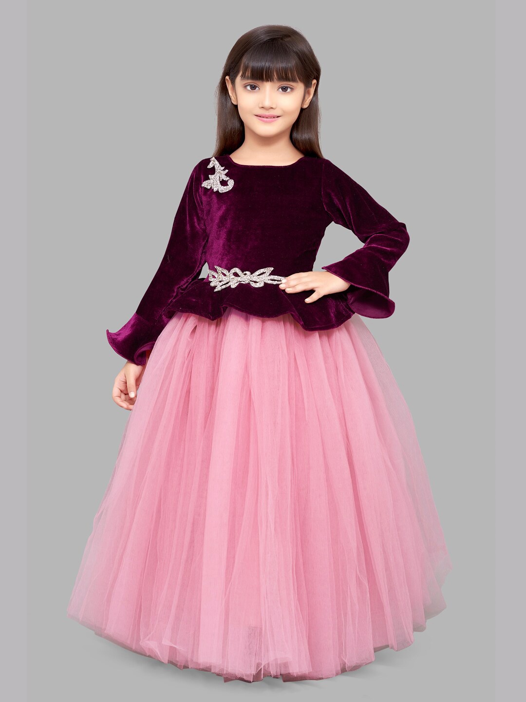 

Pink Chick Girls Burgundy & Pink Embellished Velvet Maxi Dress