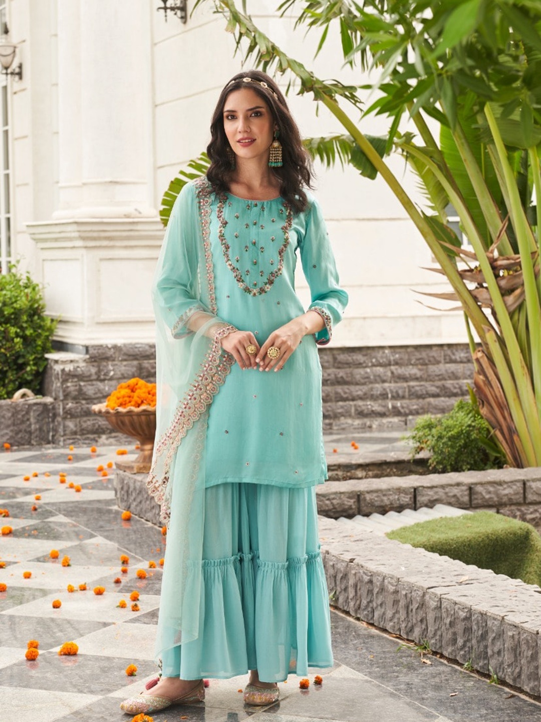 

AUTUMN LANE Women Blue Yoke Design Thread Work Kurta with Sharara & Dupatta