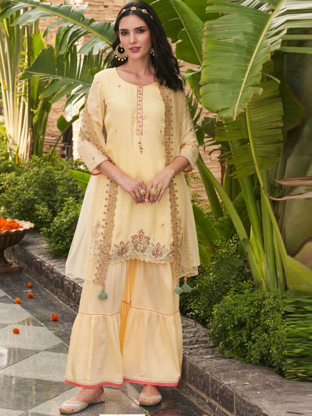 

AUTUMN LANE Women Yellow Beads and Stones Embroidered Kurti with Sharara & Dupatta Set
