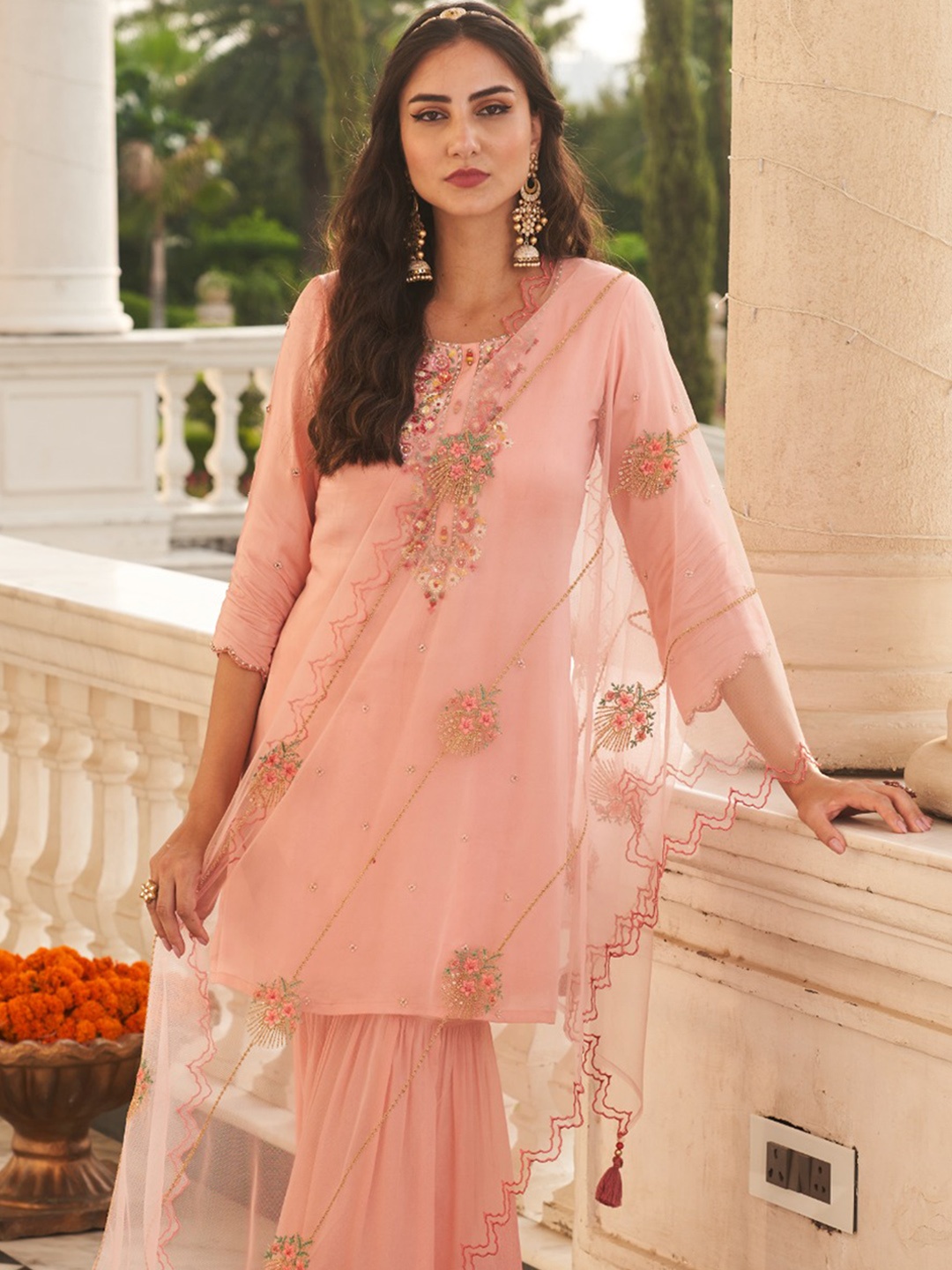 

AUTUMN LANE Women Peach-Coloured Ethnic Motifs Yoke Design Kurta with Sharara & Dupatta