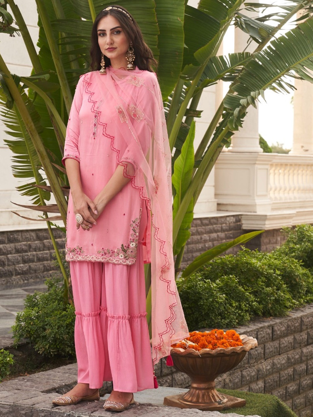 

AUTUMN LANE Women Pink Floral Embroidered Thread Work Kurta with Sharara & Dupatta