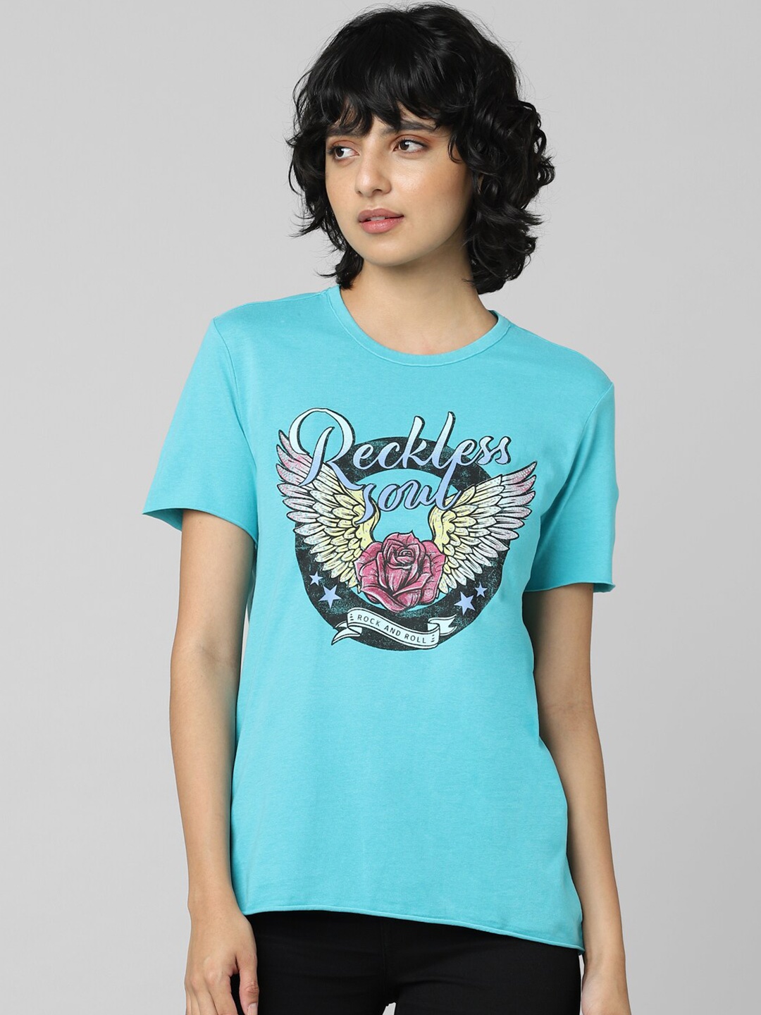 

ONLY Women Blue Printed Cotton T-shirt