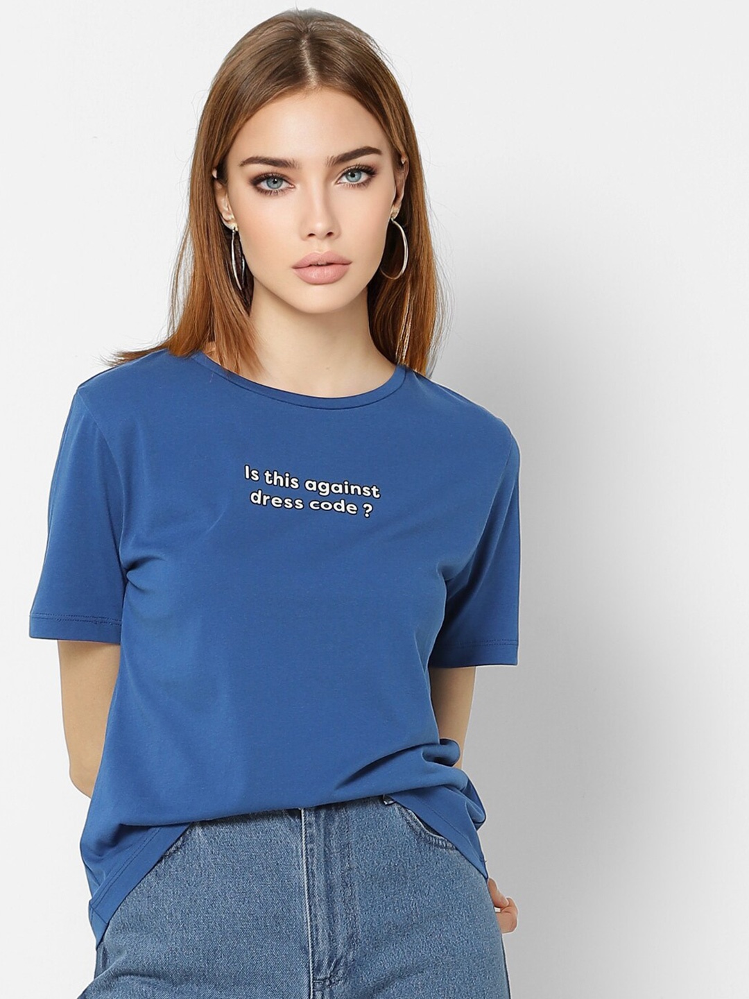 

ONLY Women Blue Typography Printed Cotton T-shirt