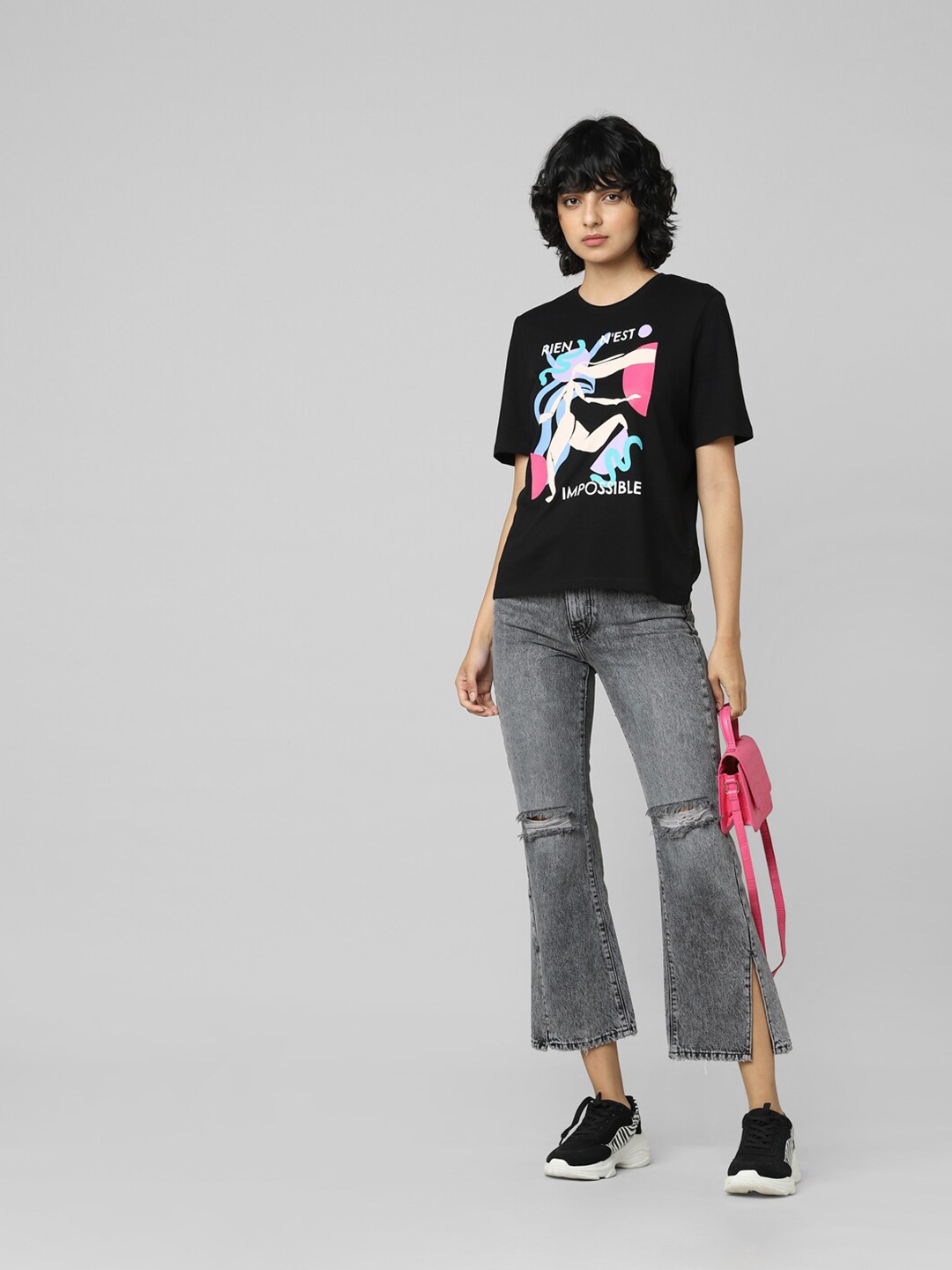 

ONLY Women Black Printed Cotton T-shirt