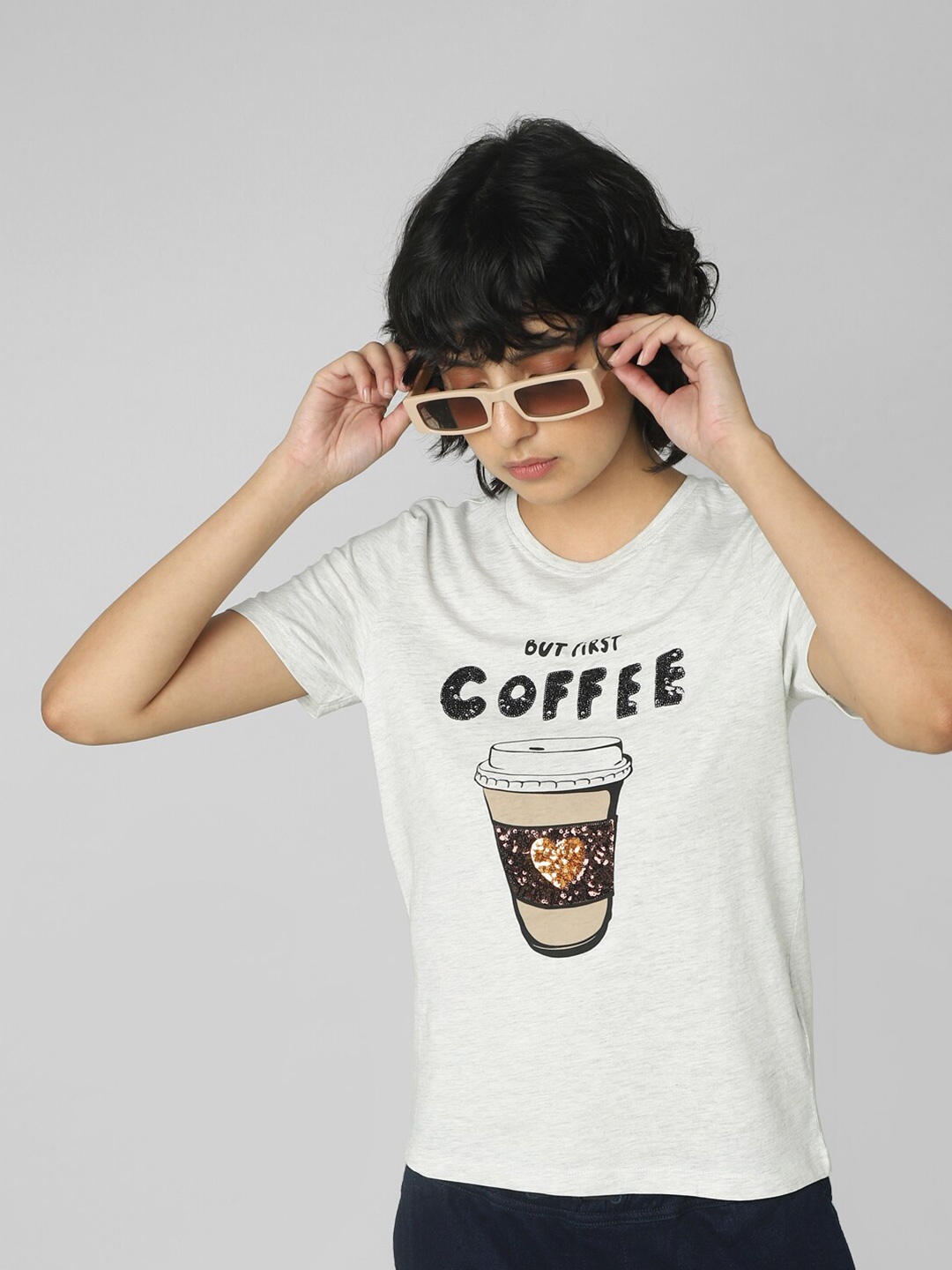 

ONLY Women Off White Printed Cotton T-shirt