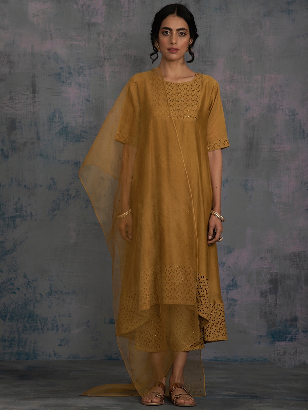 

charkhee Women Gold Yoke Design Chanderi Silk A-Line Kurta with Trousers & With Dupatta