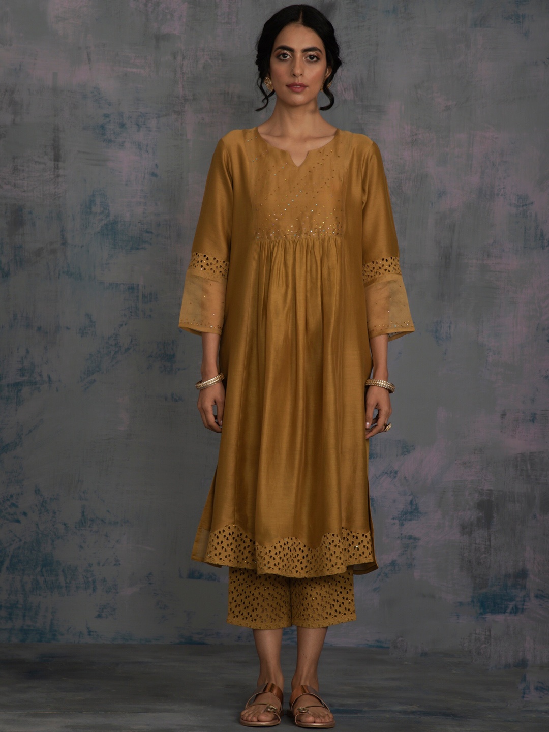 

charkhee Women Gold Yoke Design Chanderi Silk A-Line Kurta with Trousers & With Dupatta