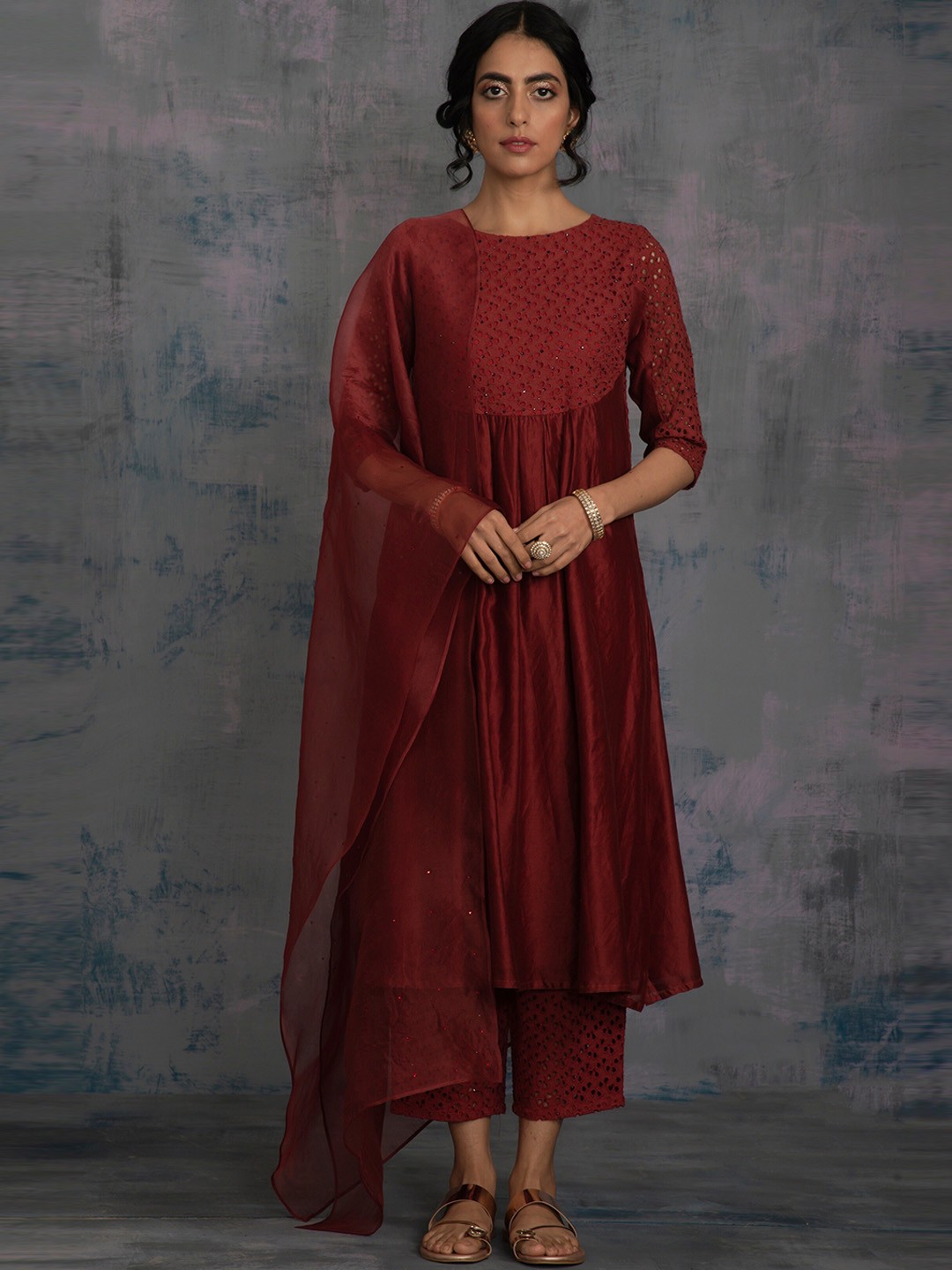 

charkhee Women Self Design Chanderi Silk A-Line Kurta with Trousers & With Dupatta, Rust
