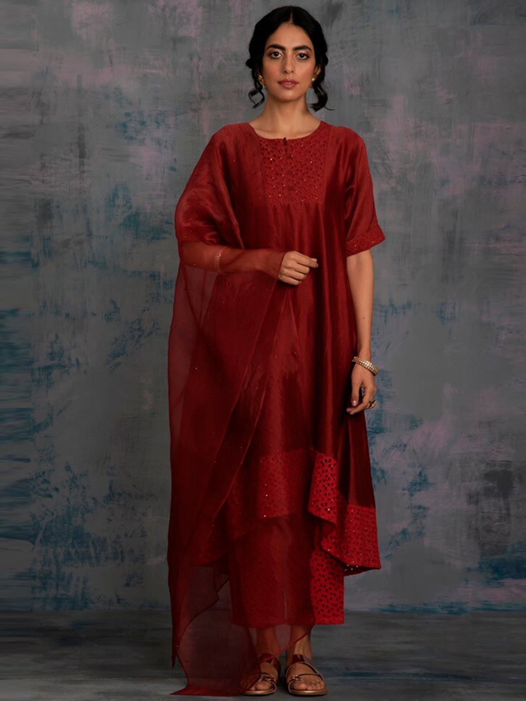 

charkhee Women Yoke Design Chanderi Silk A-Line Kurta with Pyjamas & With Dupatta, Rust