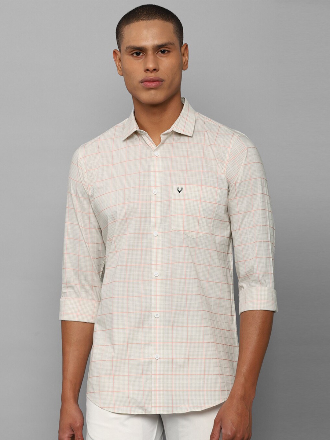 

Allen Solly Men Cream-Coloured Slim Fit Checked Cotton Casual Shirt