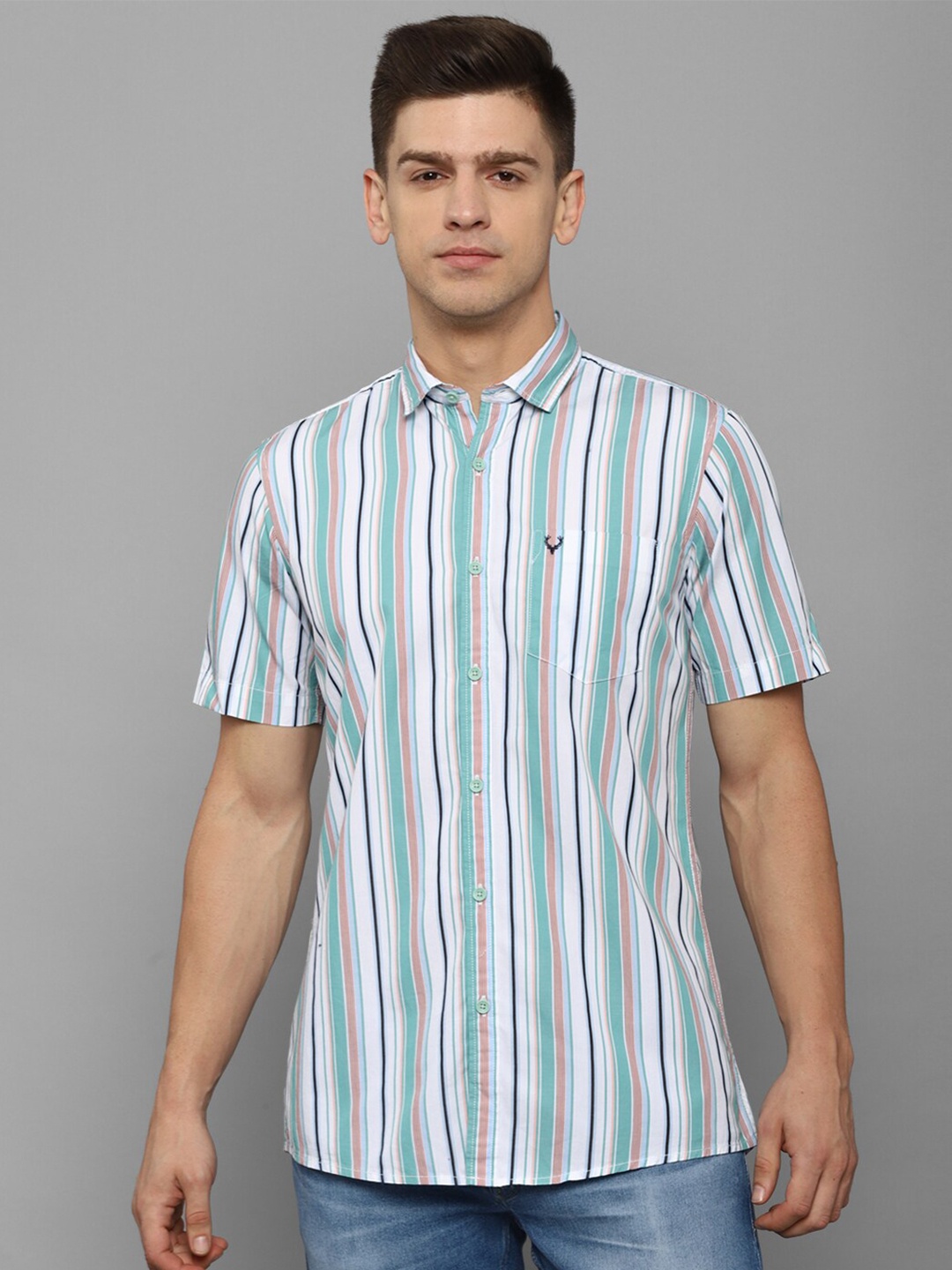 

Allen Solly Sport Men Sea Green Striped Pure Cotton Casual Shirt