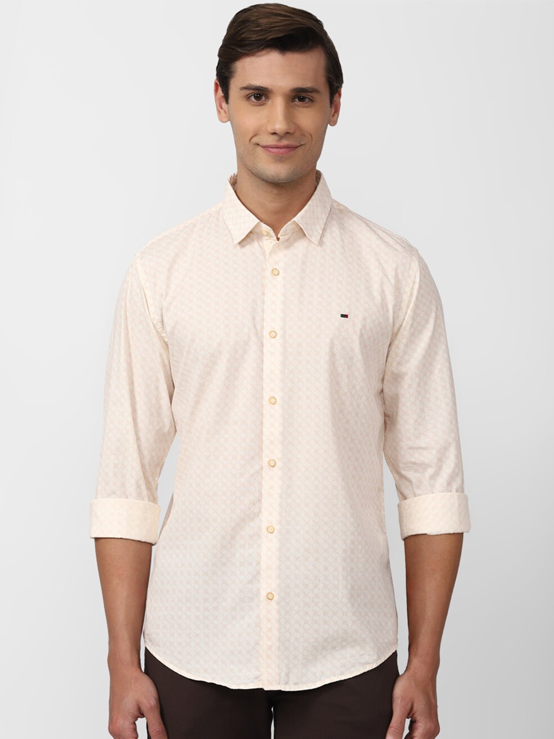 

Peter England Casuals Men Cream-Coloured Slim Fit Printed Pure Cotton Formal Shirt