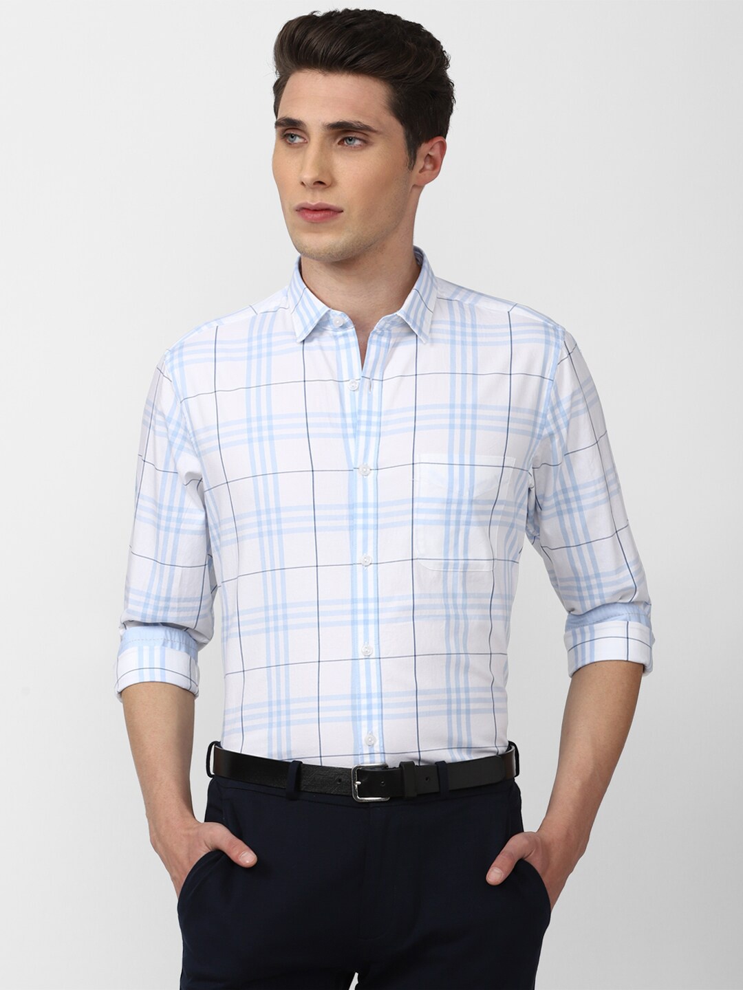 

Peter England Elite Men Blue Checked Pure Cotton Formal Shirt