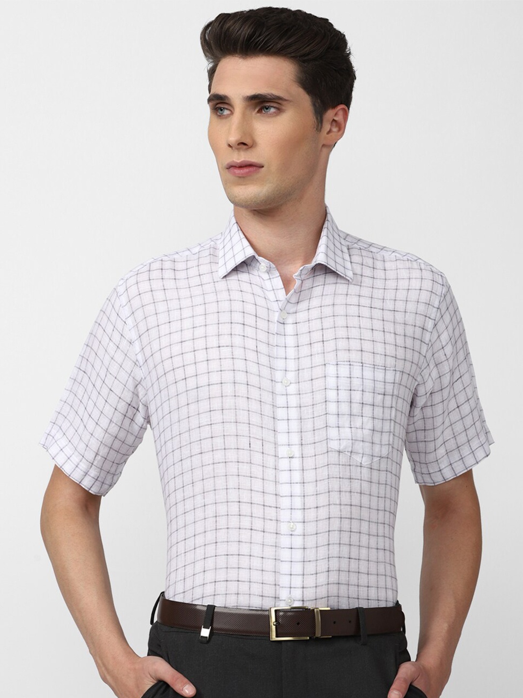 

Van Heusen Men Grid Tattersall Checks Pure Linen Formal Shirt, White