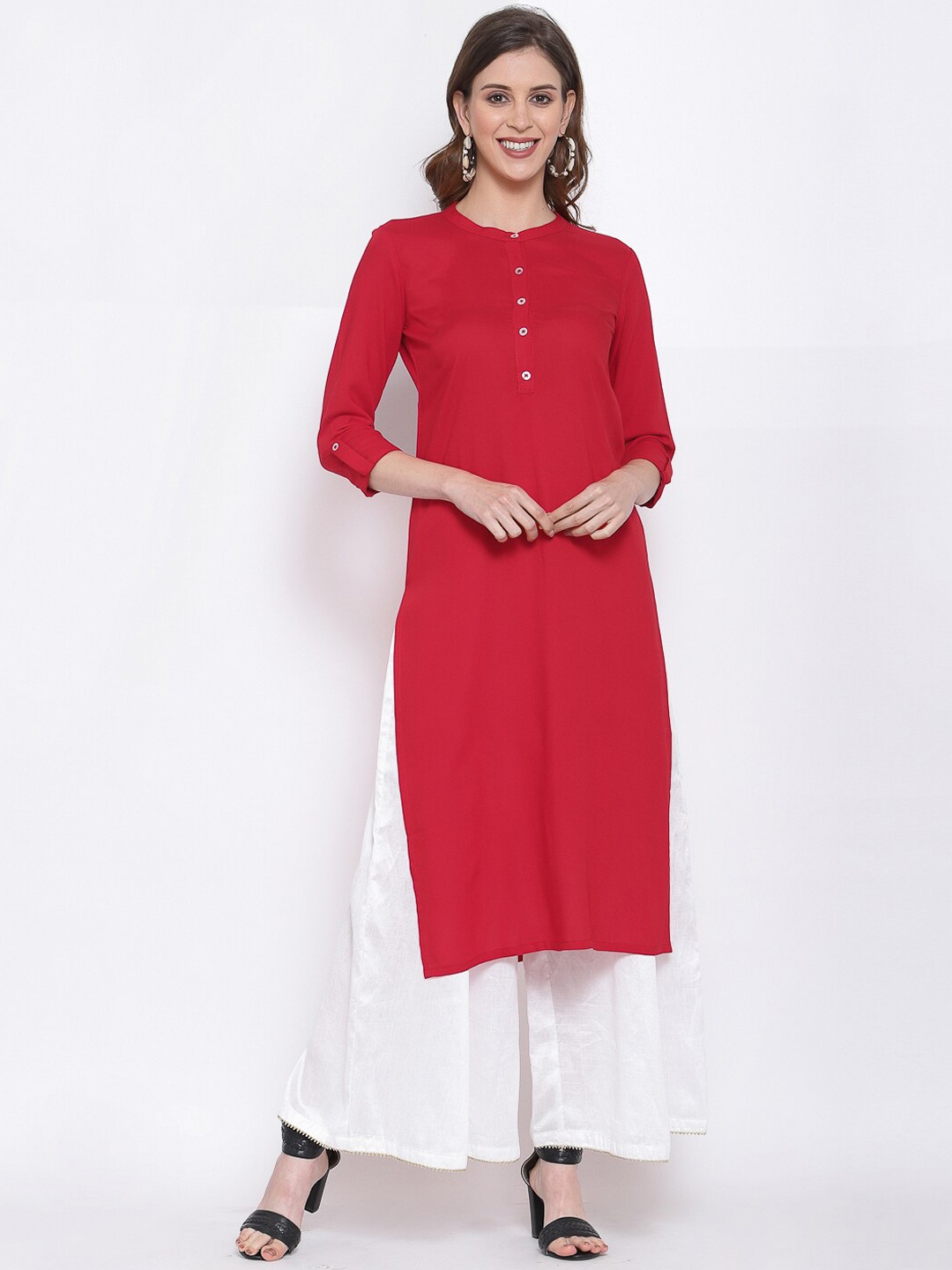

KALINI Band Collar Three-Quarter Sleeves Cotton Straight Kurta, Red