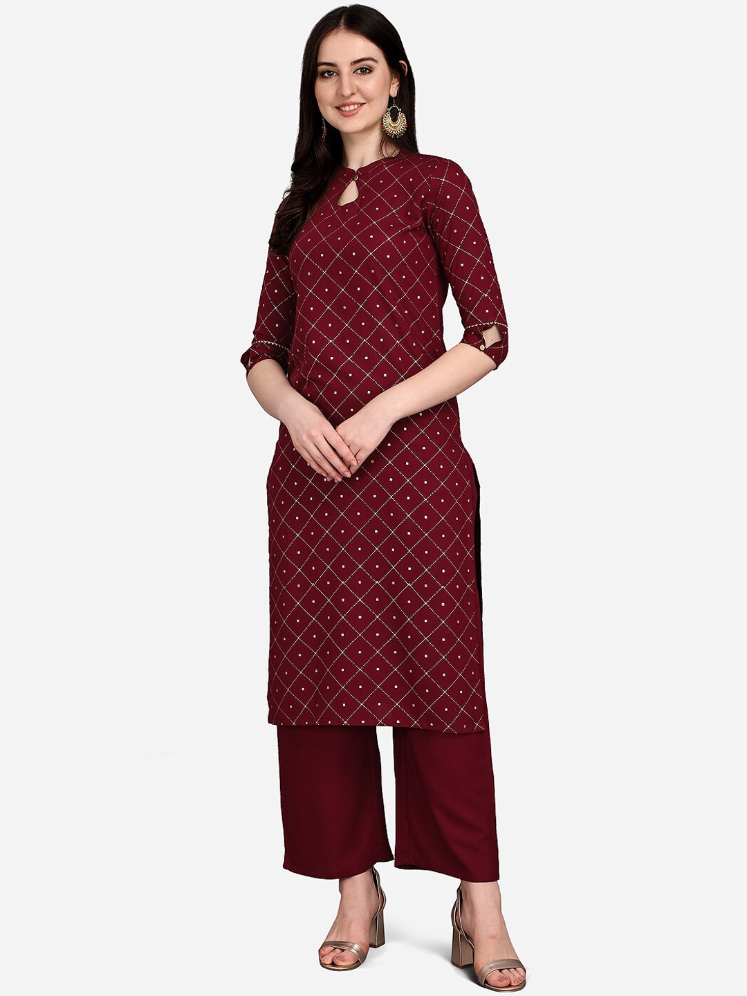 

KALINI Geometric Printed Keyhole Neck Cotton Kurta, Maroon