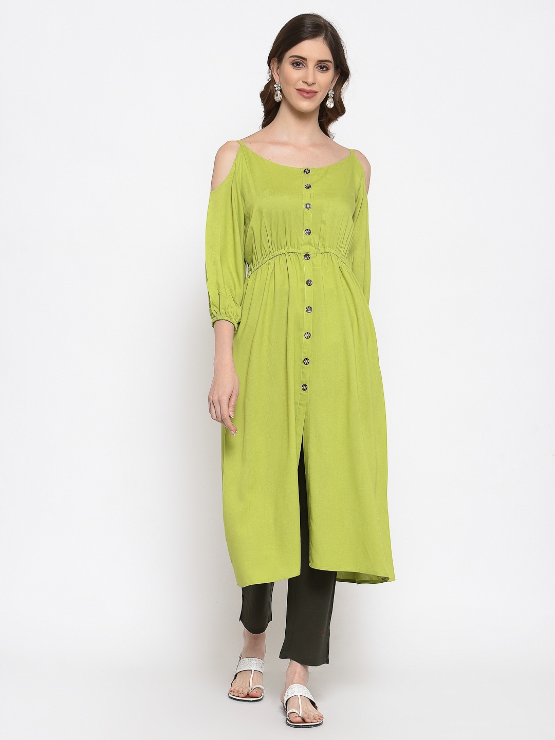 

KALINI Calf Length Scoop Neck Kurta, Green