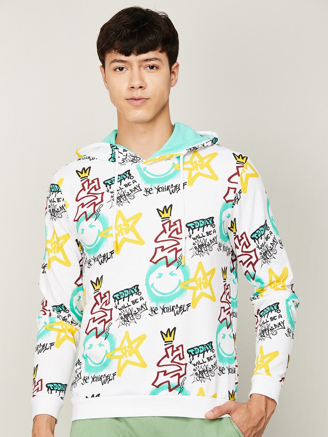 

SmileyWorld Men White Printed Hooded Cotton Sweatshirt