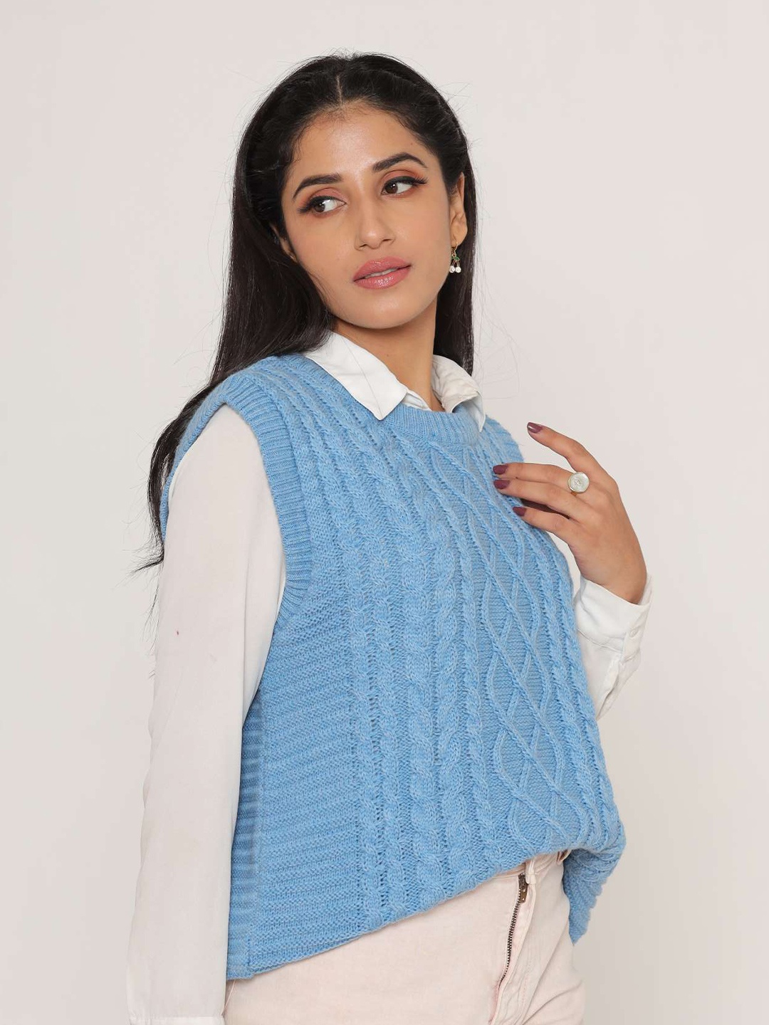 

KASMA Women Blue Cable Knit Sweater Vest