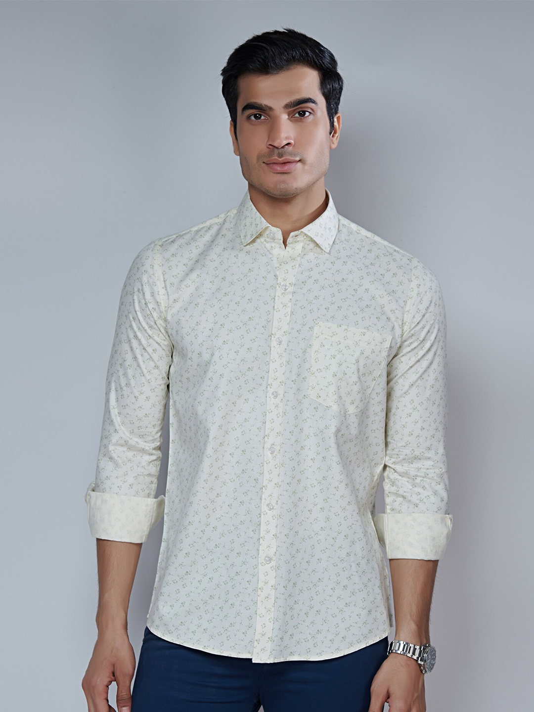 

MARK & ALBERT Men Classic Slim Fit Printed Cotton Casual Shirt, Cream