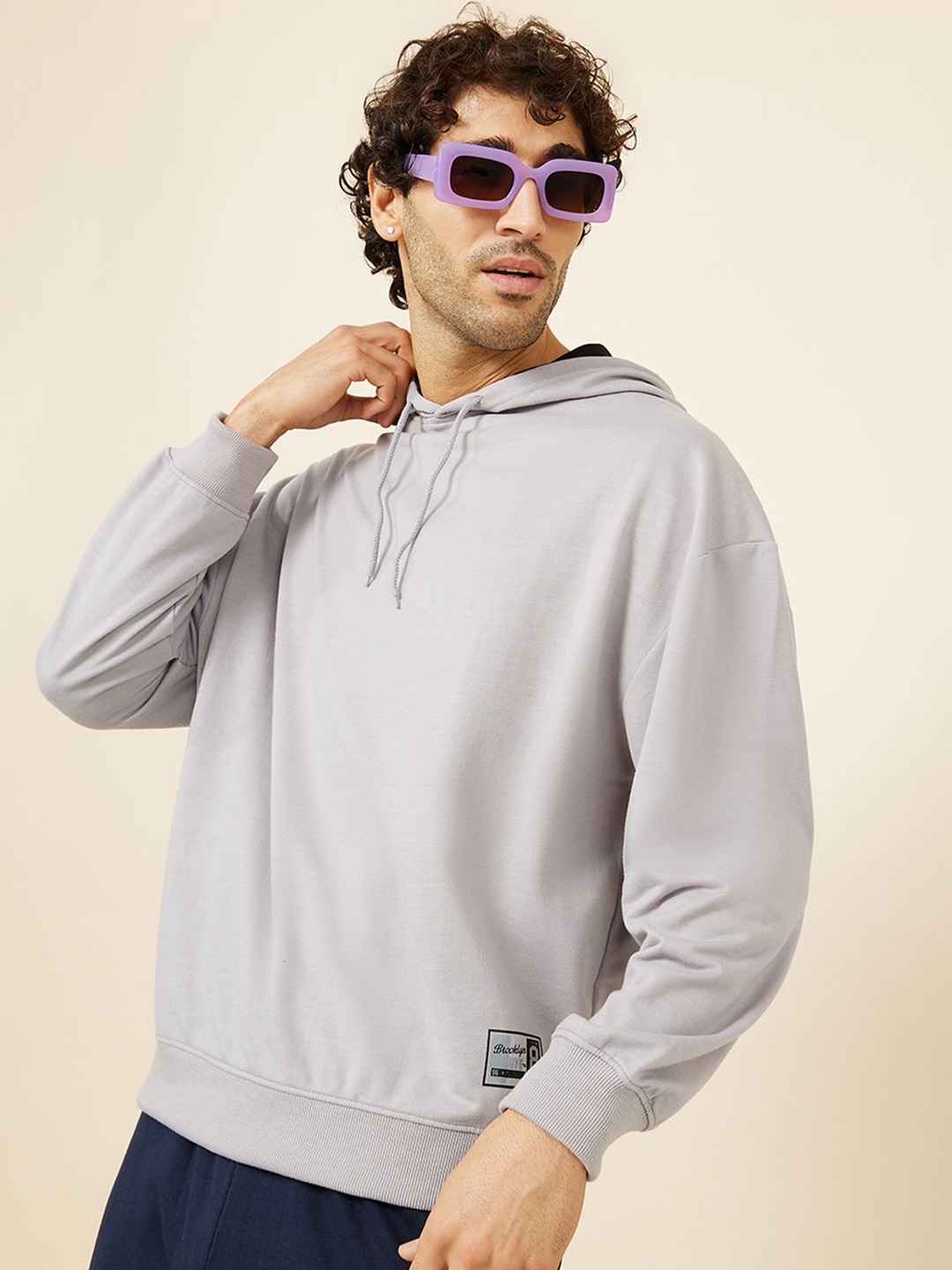

Styli Contrast Hood Oversized Pure Cotton Sweatshirt with Printed Patch, Grey