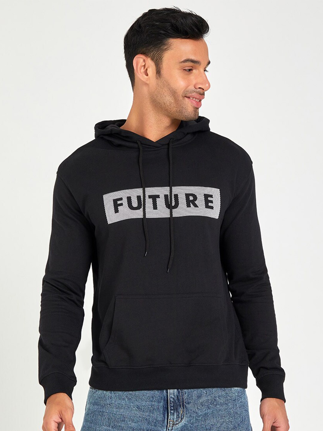 

Styli Pure Cotton Future Typography Print Hooded Sweatshirt, Black