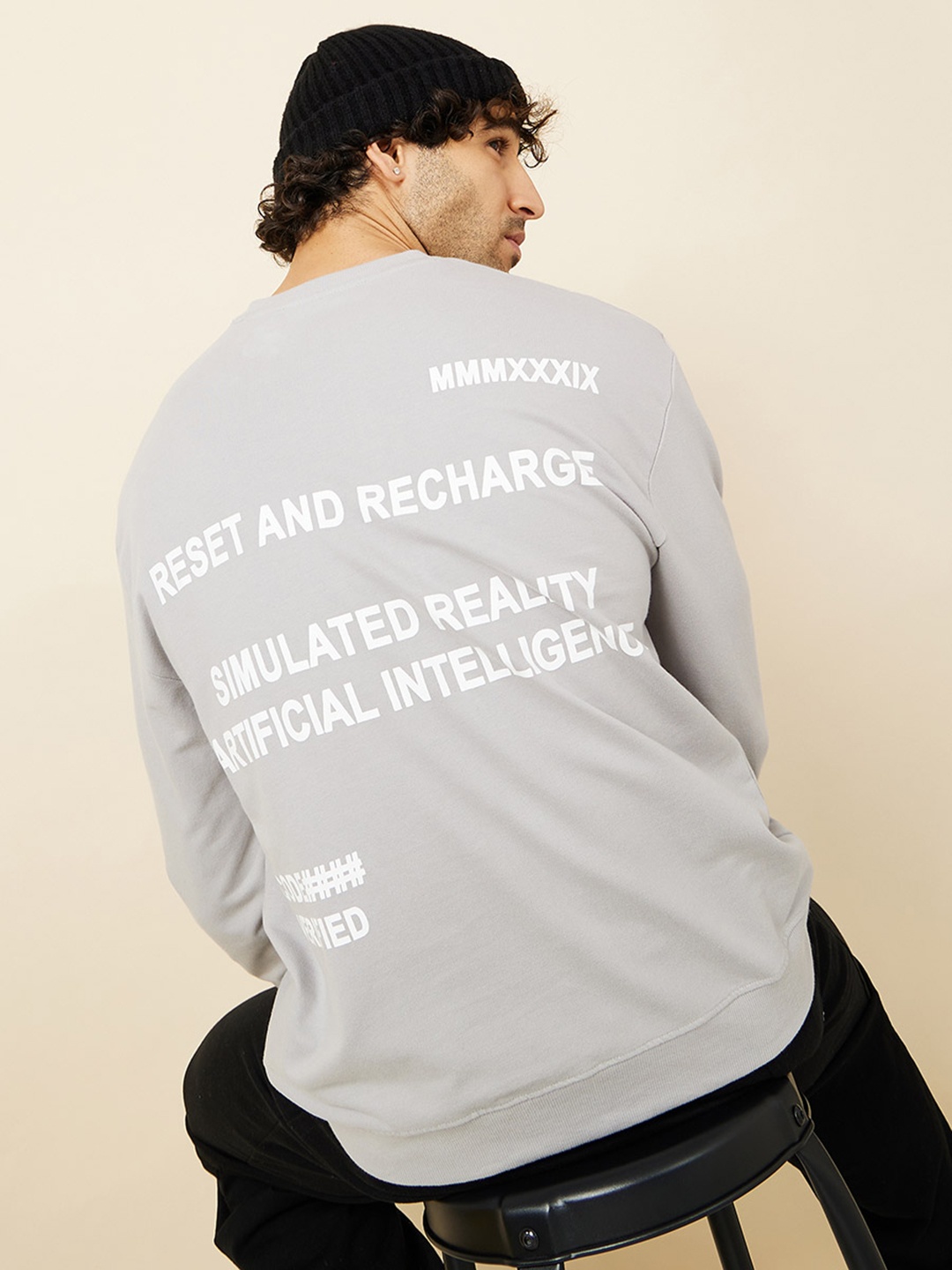 

Styli Placement Print Boxy Sweatshirt, Grey