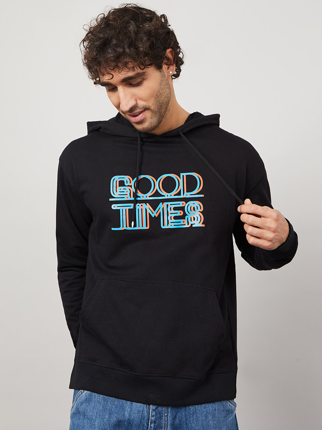 

Styli Pure Cotton Printed Boxy Fit Hooded Sweatshirt, Black
