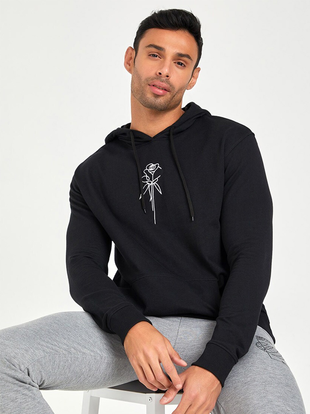 

Styli Embroidered Boxy Hooded Sweatshirt, Black
