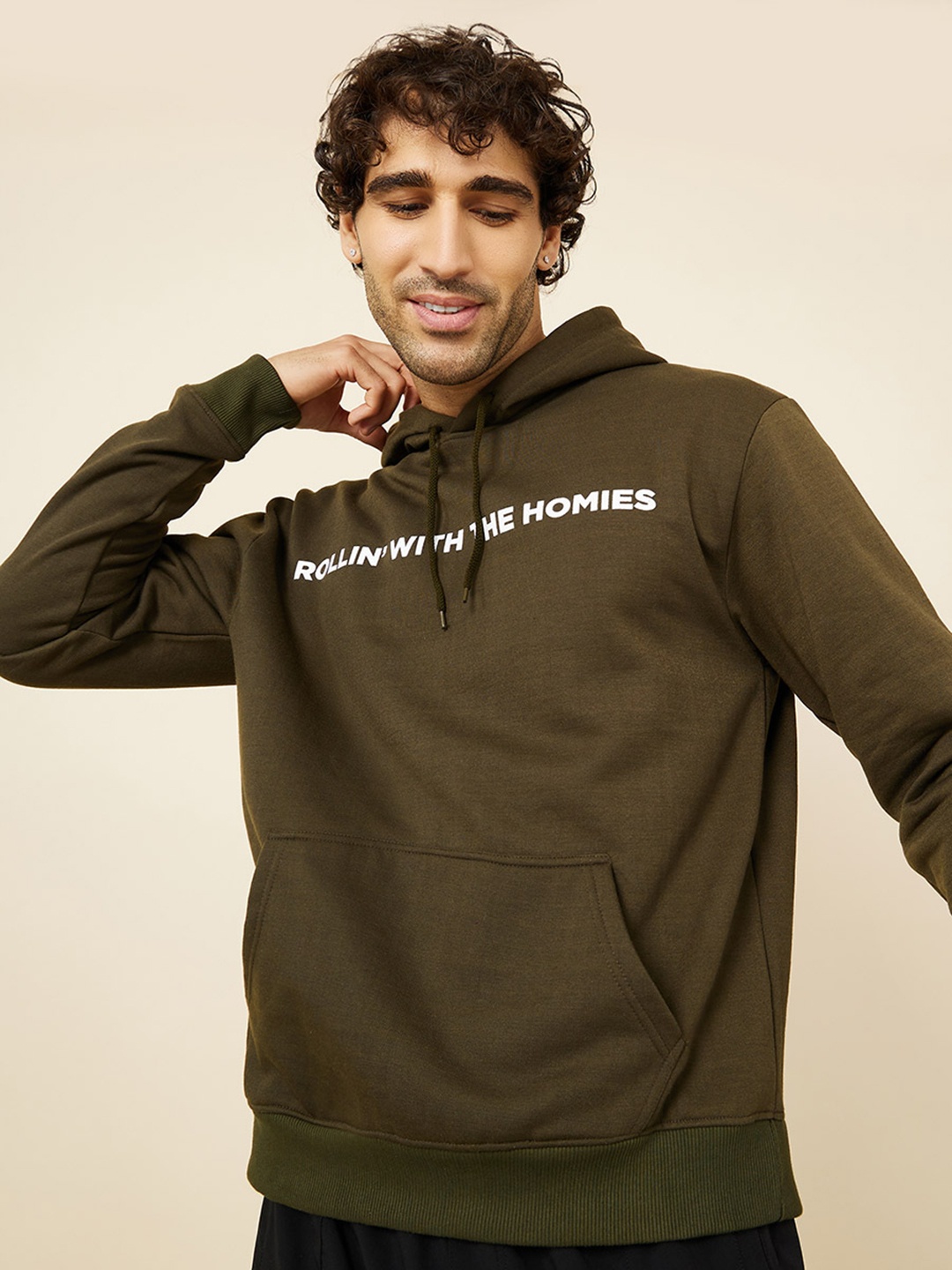 

Styli Pure Cotton Printed Hooded Sweatshirt, Olive