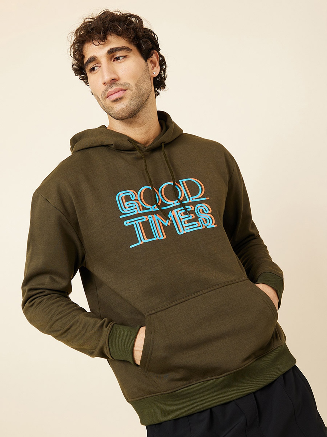 

Styli Men Typography Print Knitted Hooded Pure Cotton Boxy Sweatshirt, Maroon