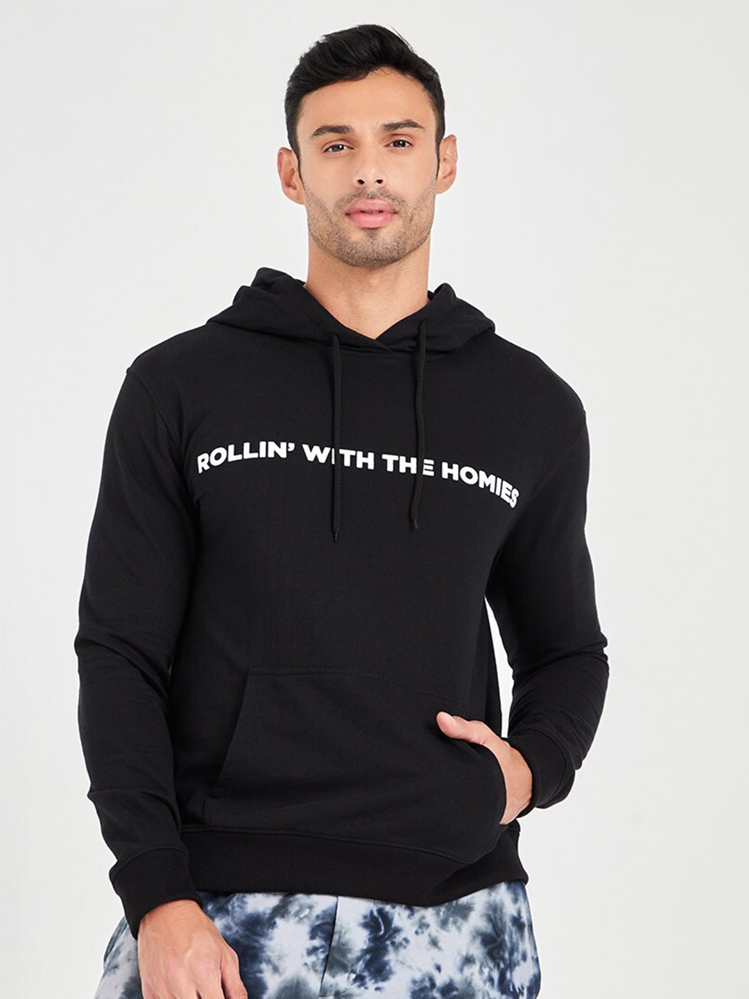 

Styli Slogan Printed Hooded Pure Cotton Sweatshirt, Black