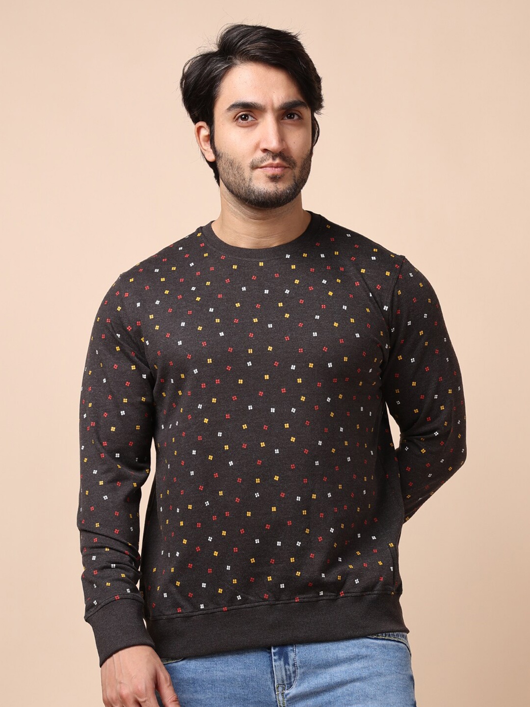 

berry blues Men Brown Printed Cotton Sweatshirt