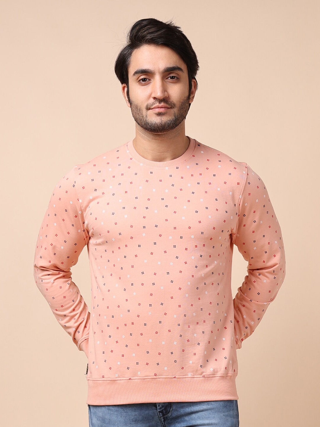 

berry blues Men Peach-Coloured Printed Cotton Sweatshirt