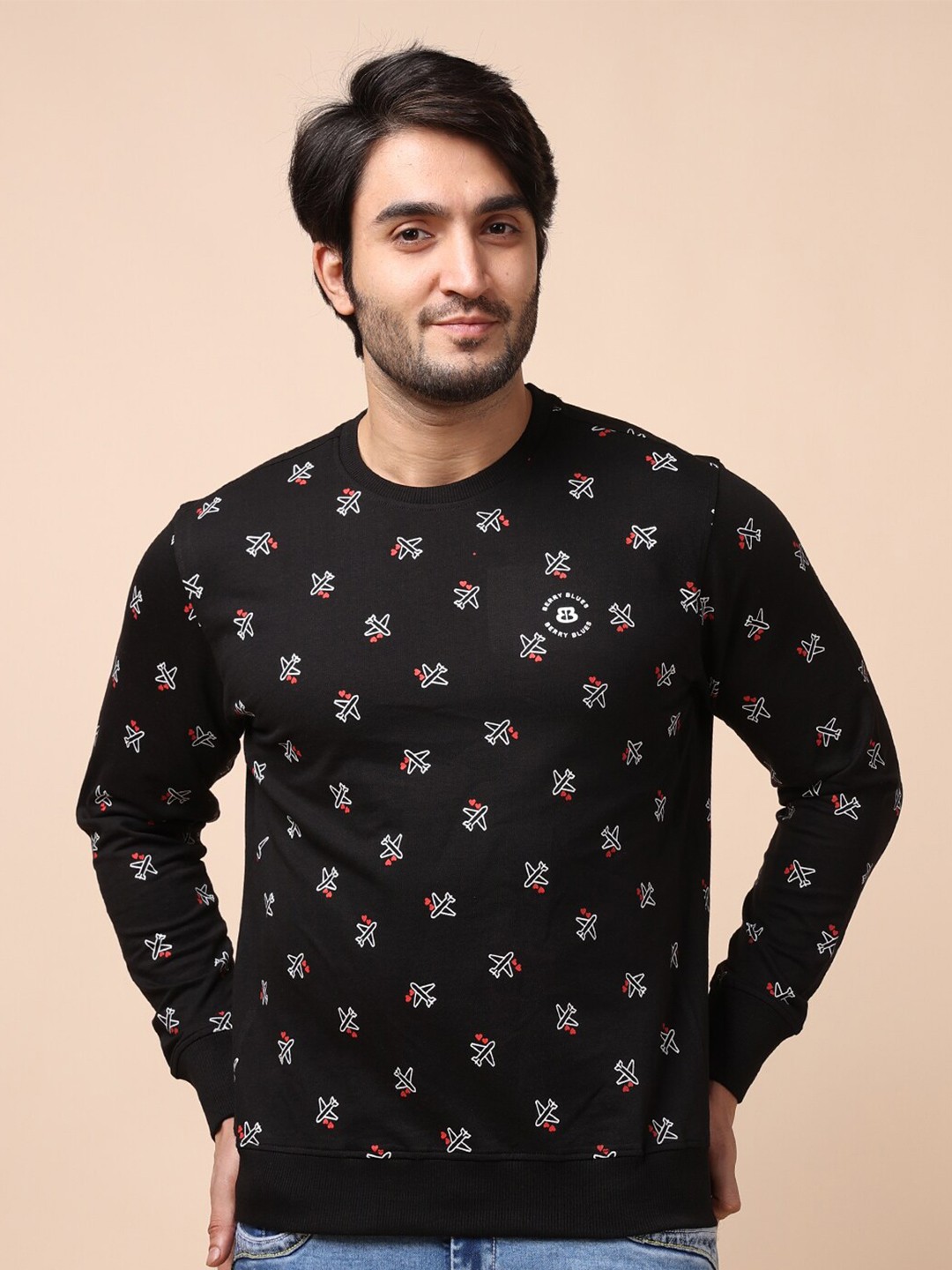 

berry blues Men Black Printed Cotton Sweatshirt