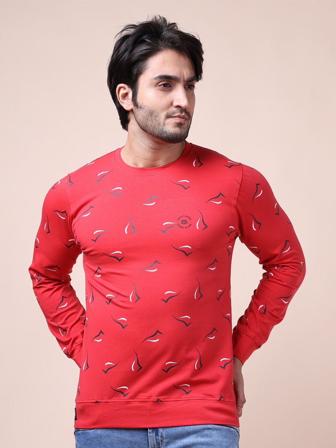 

berry blues Men Red Printed Cotton Sweatshirt