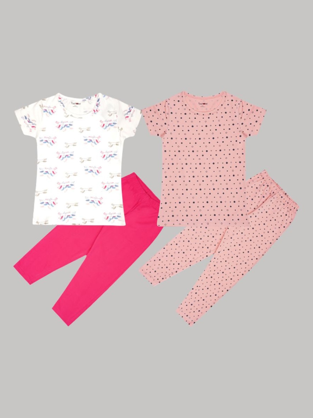 

Taatoom Girls White & Pink Pack of 2 Printed Pure Cotton Night suit
