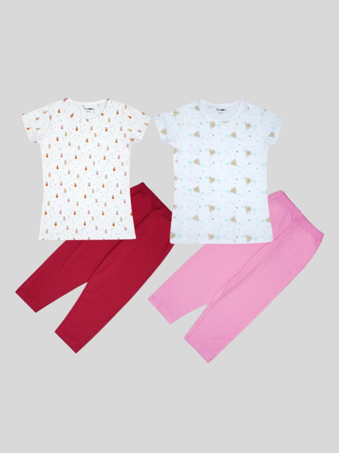

Taatoom Girls Pink & White Pack of 2 Printed Pure Cotton Night suit
