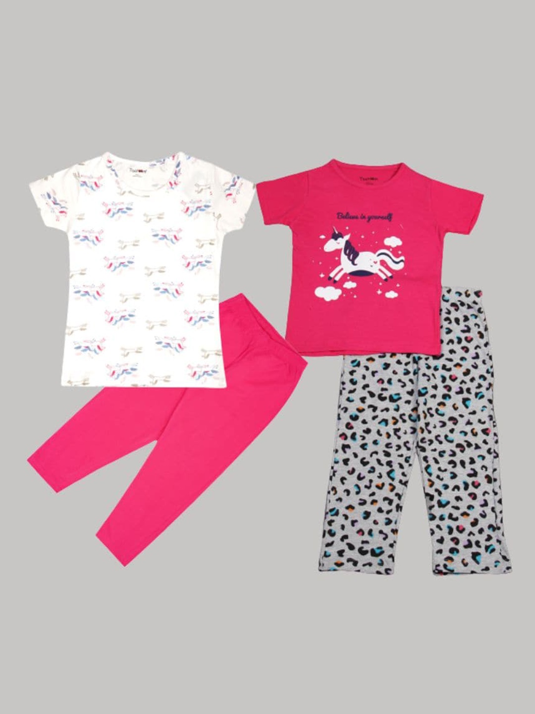 

Taatoom Girls Pack of 2 Pink & White Printed Cotton Night suit