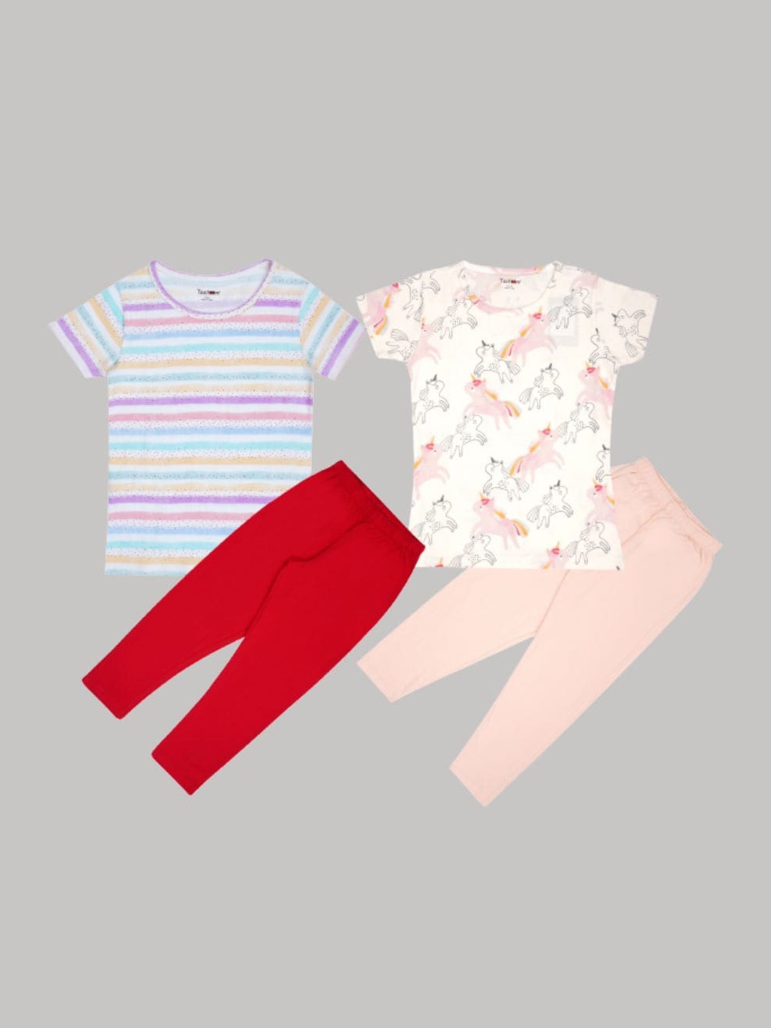 

Taatoom Girls Pink & White Pack of 2 Printed Pure Cotton Night suit