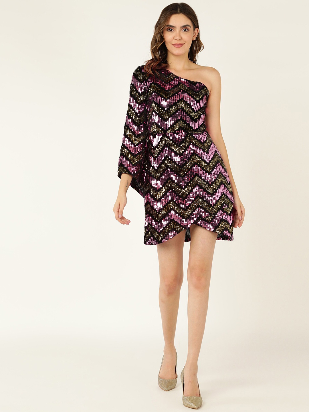 

DODO & MOA Black & Pink Embellished One Shoulder A-Line Dress