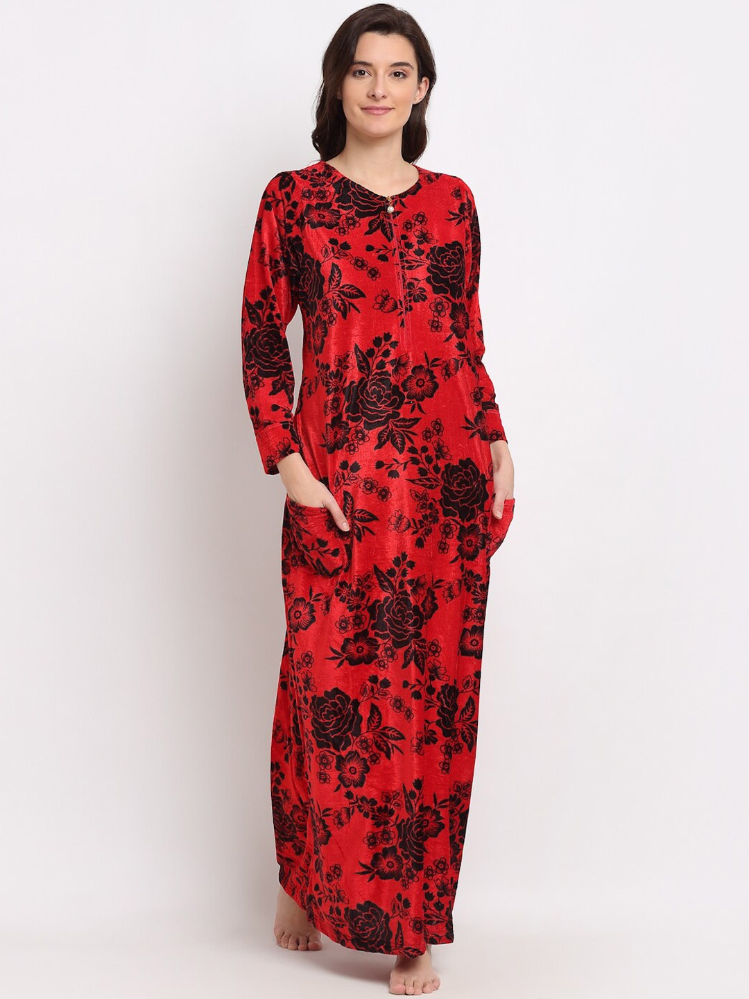 

GRACIT Red Printed Maxi Nightdress
