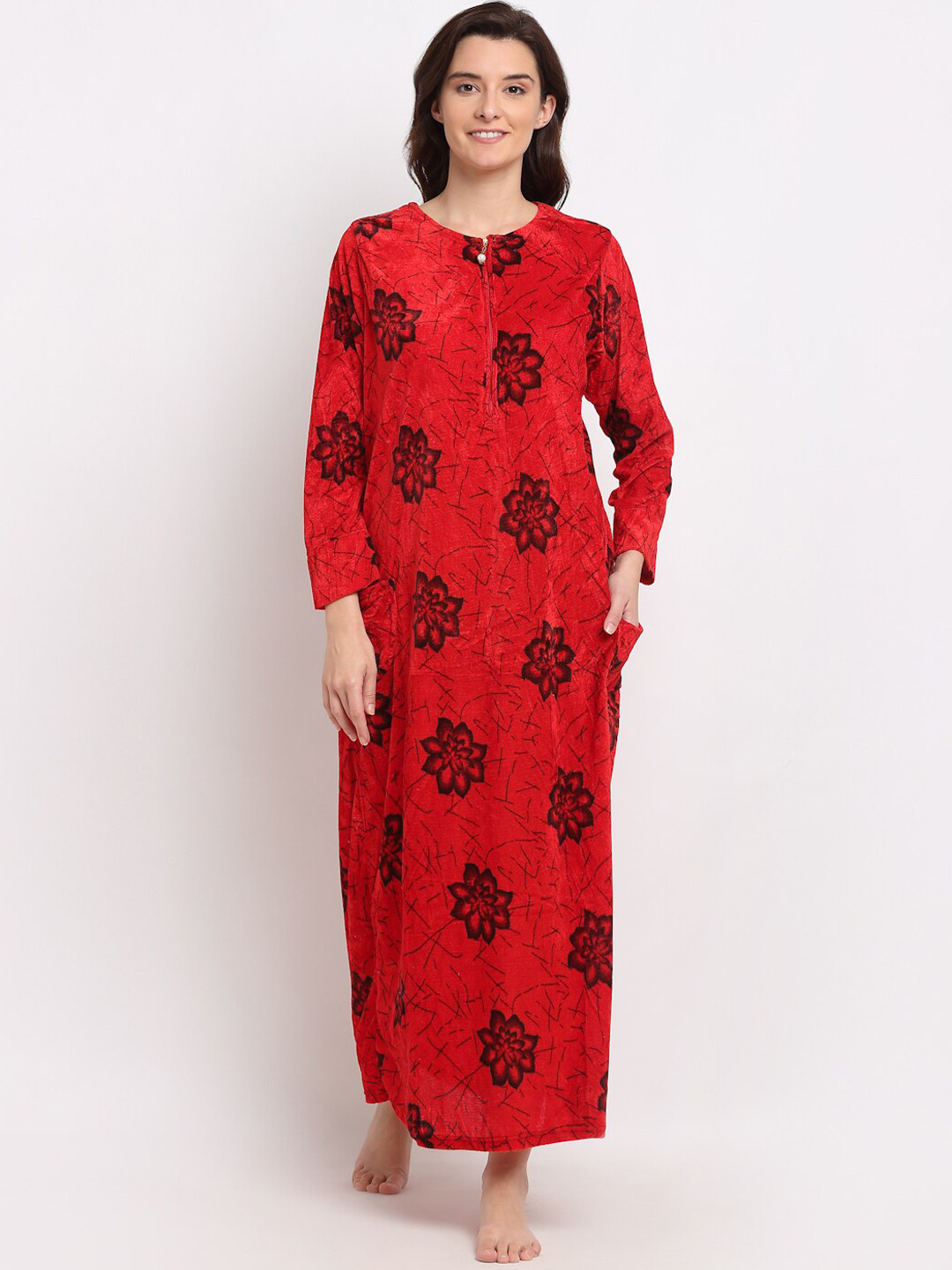 

GRACIT Red Printed Maxi Nightdress