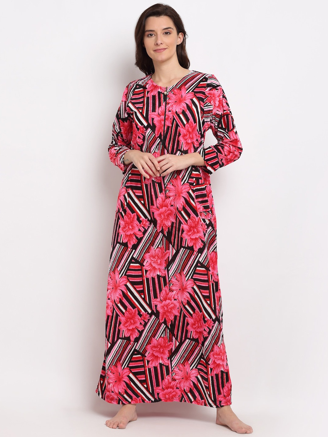 

GRACIT Red & Burgundy Printed Maxi Nightdress