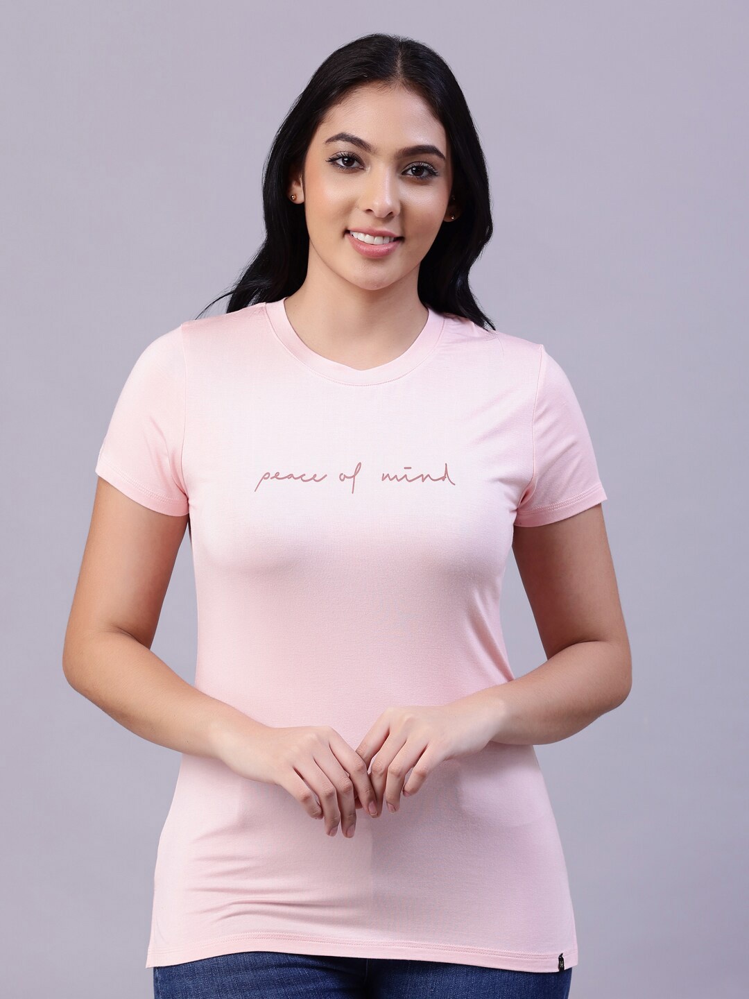

TITTLI Women Peach Typography Round Neck Printed T-shirt