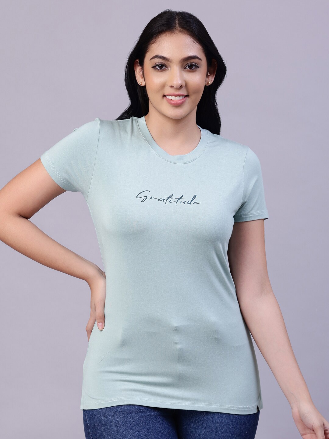 

TITTLI Women Green Typography Printed Round Neck T-shirt