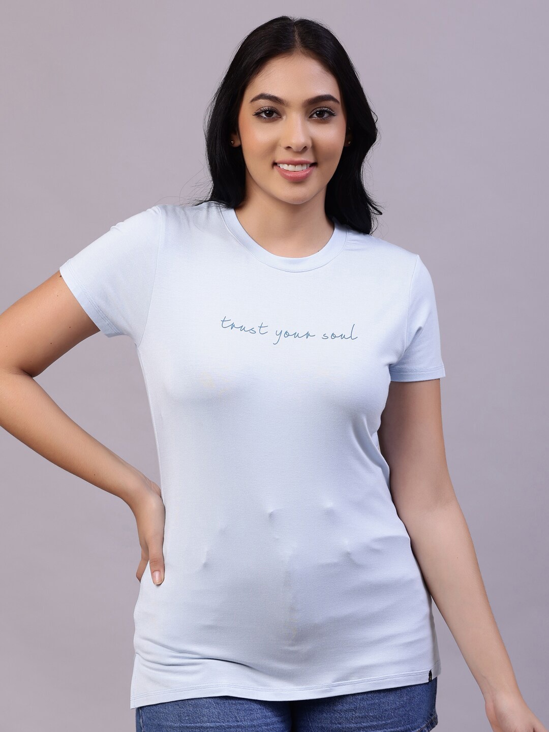 

TITTLI Women Blue Typography Printed Round Neck T-shirt