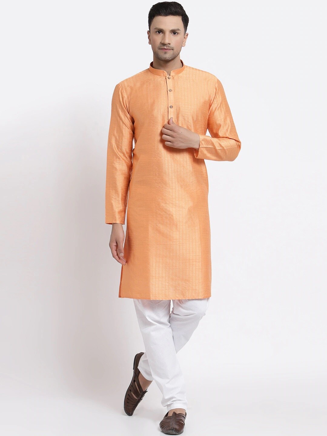 

MOHANLAL SONS Mandarin Collar Long Sleeves Dupion Silk Kurta, Orange